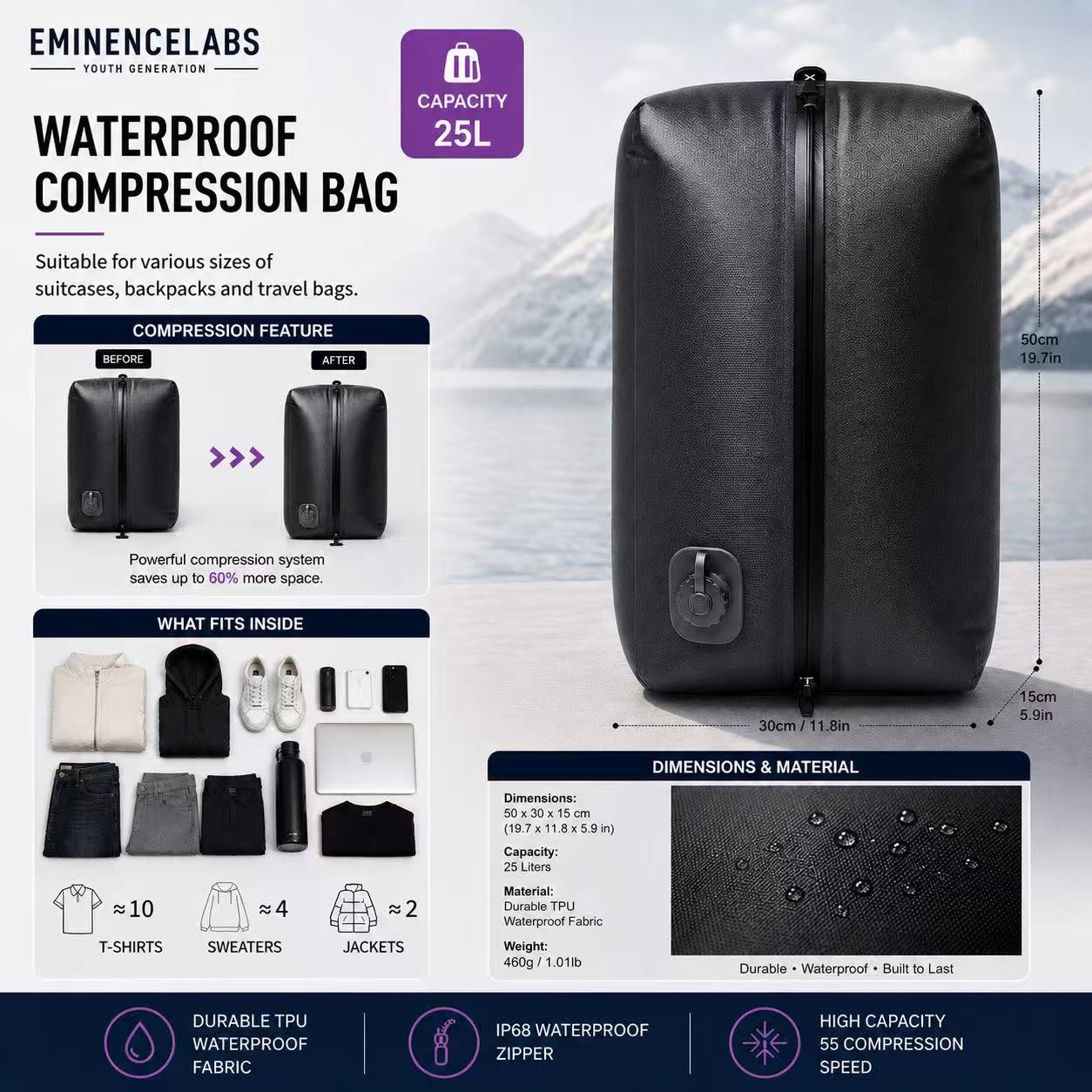 25L Vacuum Compression Storage Bag – Waterproof Travel Organizer with Electric Pump, Space-Saving Packing Solution